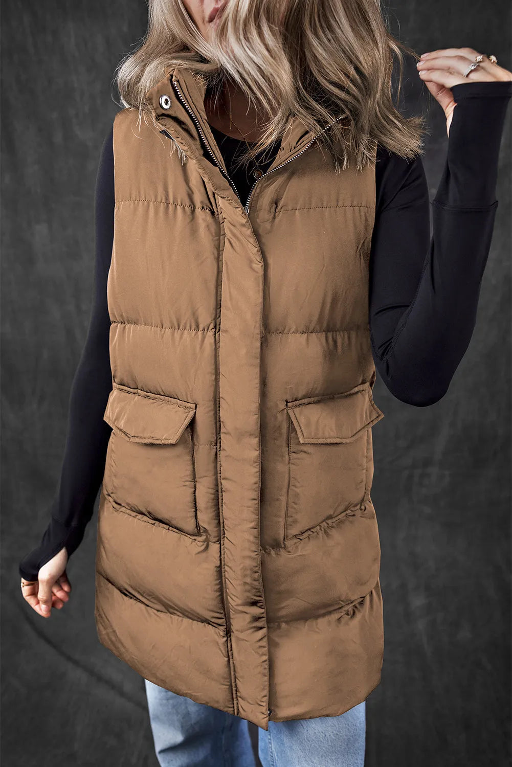 Coffee Windproof Longline Full Zipper Puffer Vest with Pockets - Chic Meadow Boutique 