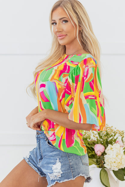 Multicolour Abstract Print Keyhole Back Pleated Half Sleeve Blouse