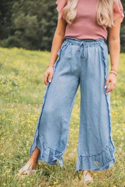 Bottoms/Jeans Myosotis Light Wash Raw Hem Ruffled Wide Leg Jeans