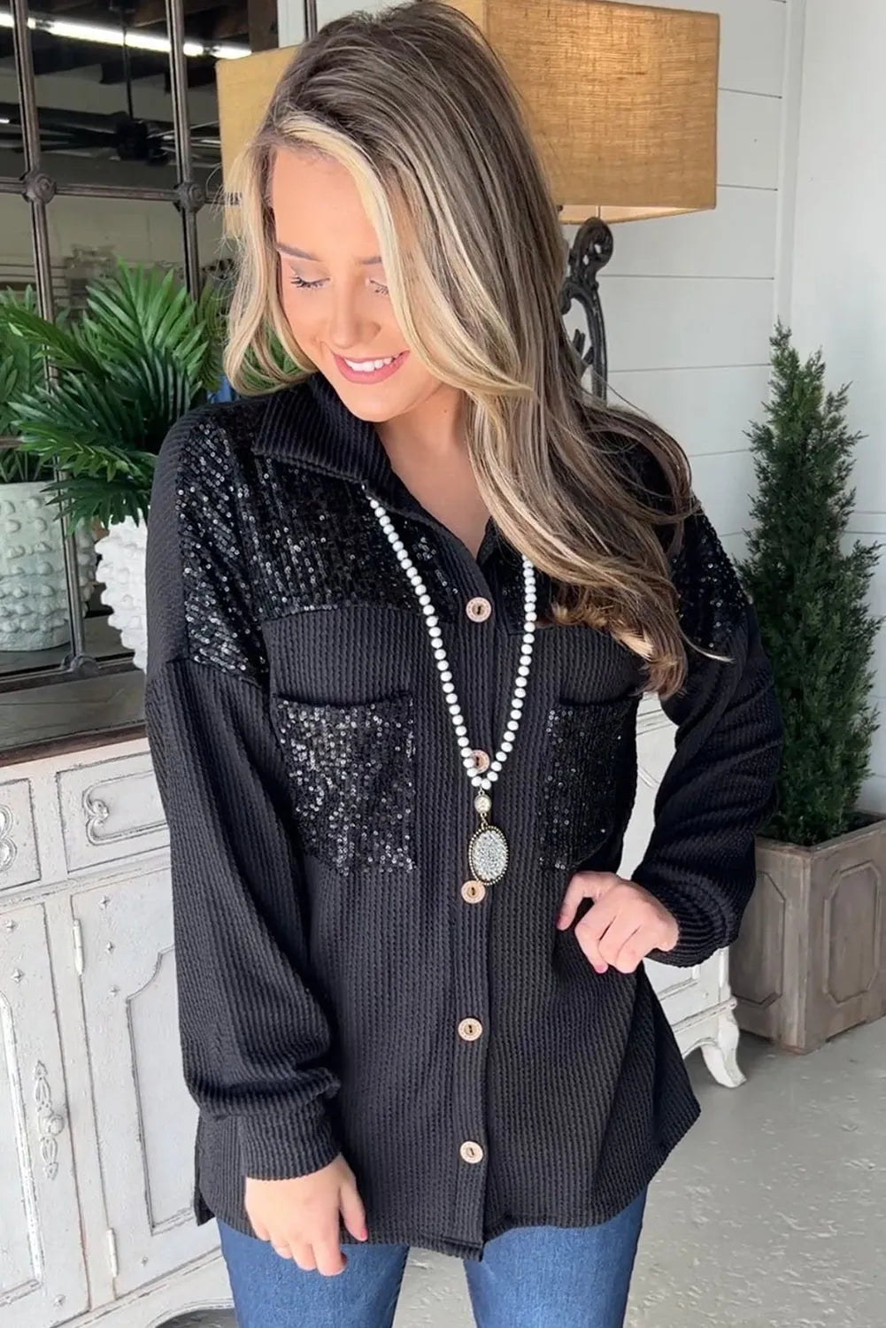 Black Sequin Patch Chest Pocket Corded Shacket - Chic Meadow Boutique 