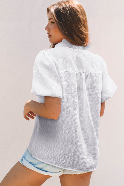 White Striped Ruffle Short Bubble Sleeve Shirt