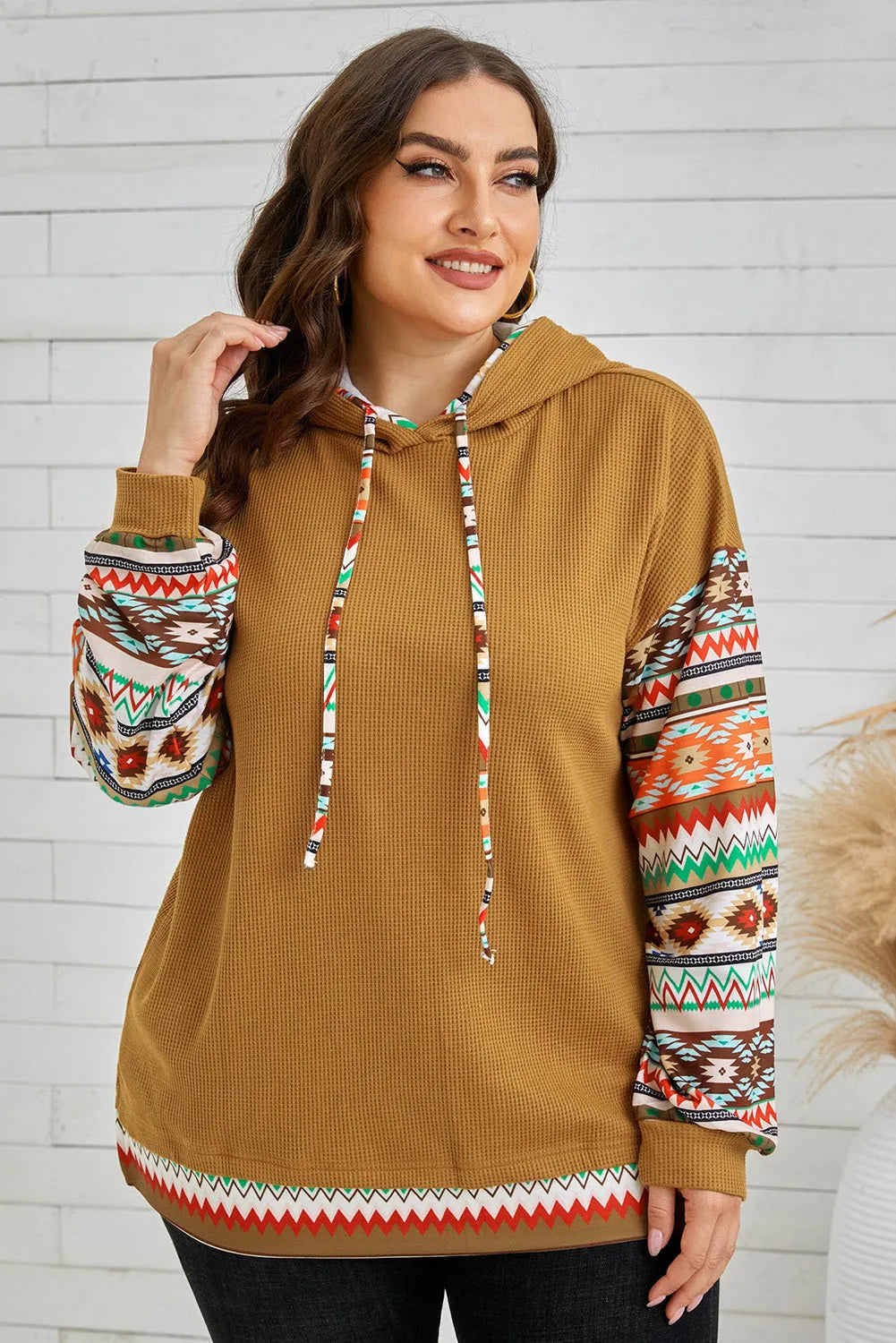 Camel Aztec Patchwork Sleeve Waffle Drawstring Plus Hoodie - Chic Meadow Boutique 