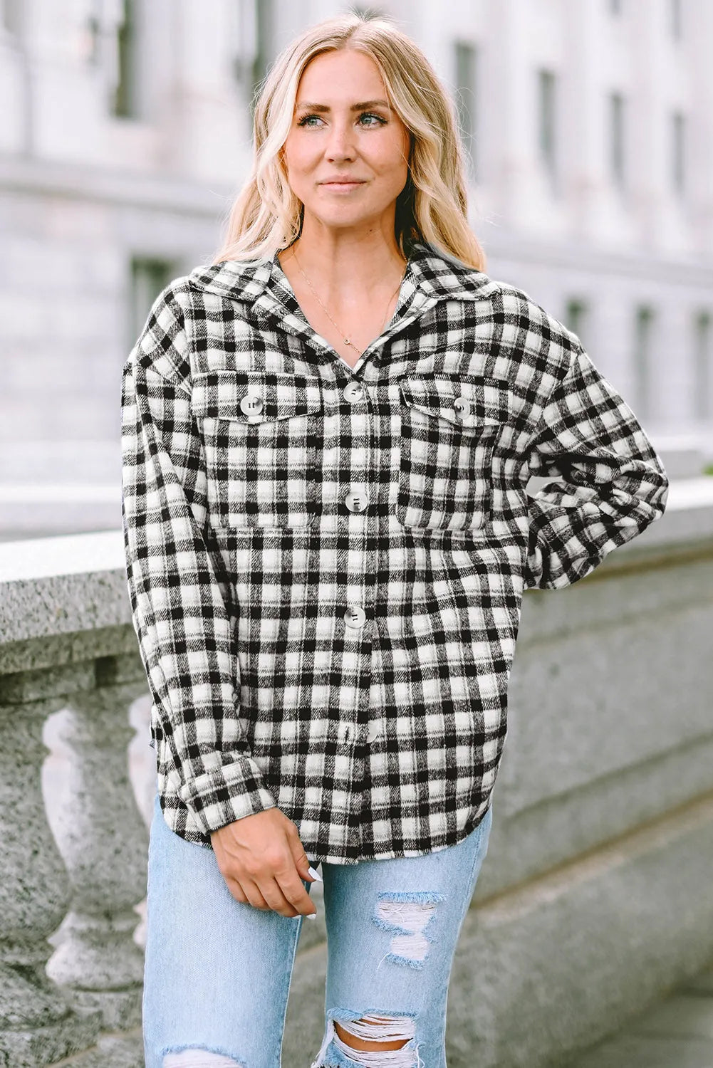 Black Plaid Print Chest Pockets Buttoned Tunic Shacket - Chic Meadow Boutique 