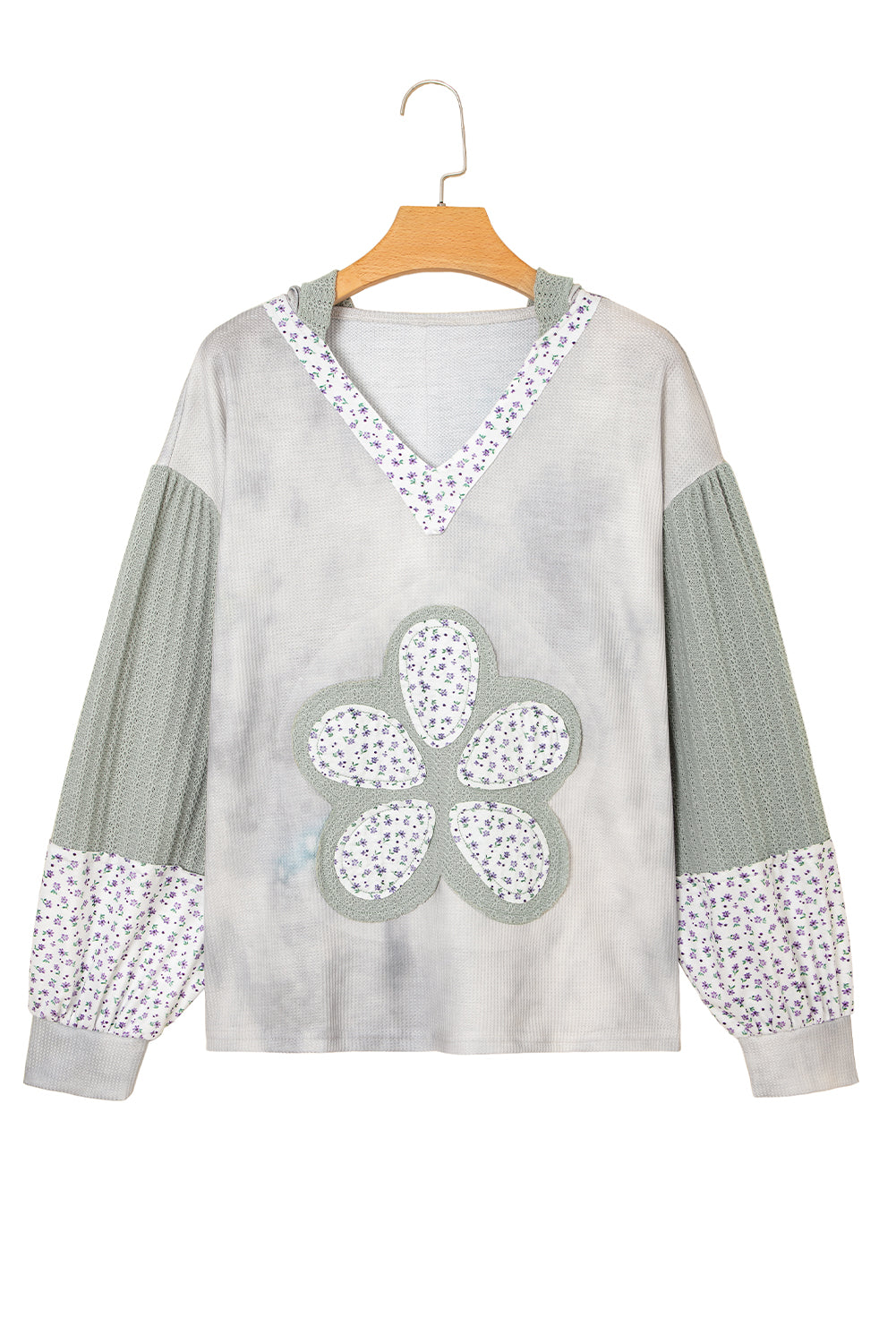 Green Floral Patched Waffle Textured Colorblock V Neck Casual Hooded Top