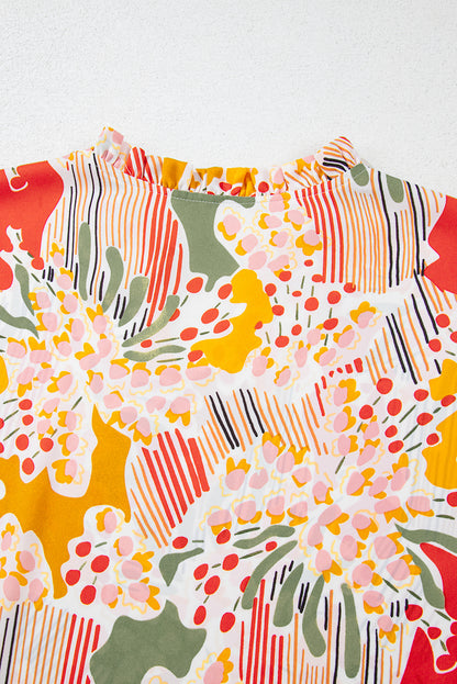 Orange Printed Floral Abstract Print Frilled V Neck Plus Size Blouse