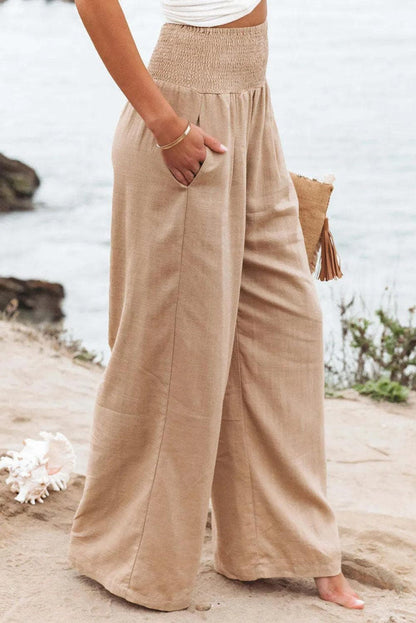 Bottoms/Pants & Culotte Khaki Smocked Wide Waistband High Waist Wide Leg Pants