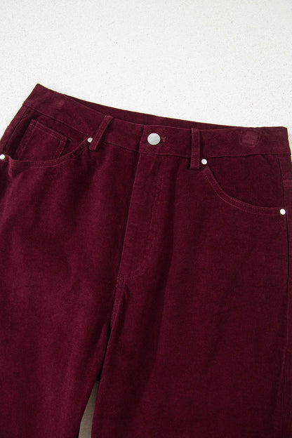 Burgundy Corduroy Solid Color High Waist Wide Leg Pants