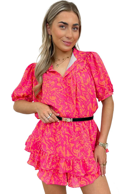 Rose Abstract Print Puff Short Sleeve Ruffled Mini Dress - Chic Meadow Boutique 