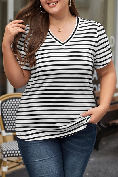 White Stripe V Neck Petal Sleeve Plus Size T-Shirt - Chic Meadow Boutique 