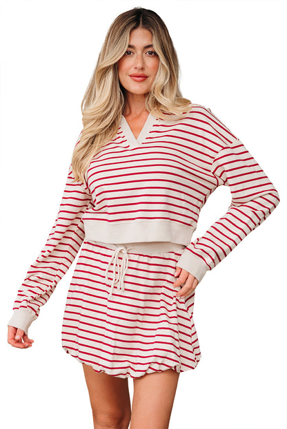 Red Stripe Cropped Collared Drop Shoulder Pullover and Bubble Mini Skirt Set