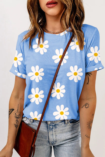 Sky Blue Daisy Printed Crewneck T Shirt - Chic Meadow Boutique 