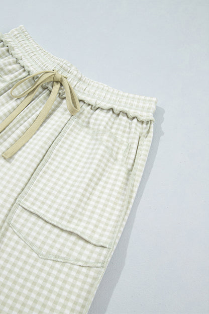 Green Plaid Contrast Trim Drawstring Elastic Waist Shift Pants