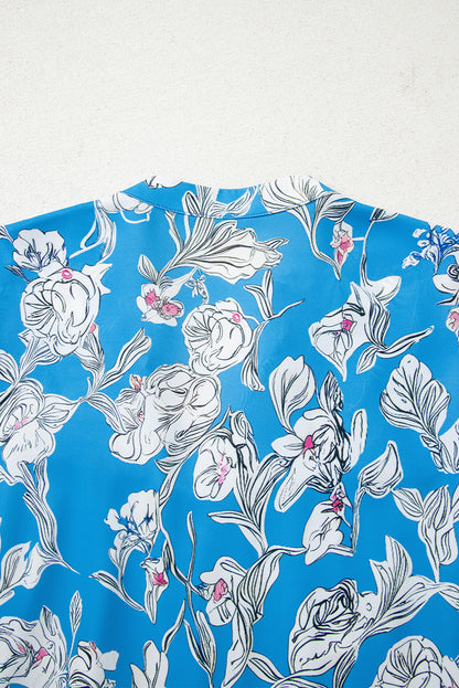 Sky Blue V Neck Floral Print 3/4 Puff Sleeve Blouse