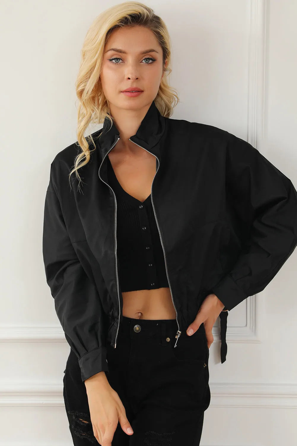 Black Solid Full Zipped Jacket - Chic Meadow Boutique 