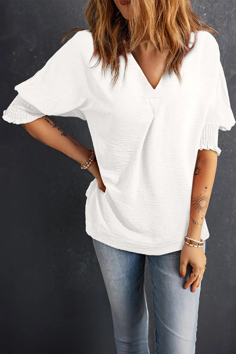 White Boxy Collared Smocked Sleeve Cuffs Blouse - Chic Meadow Boutique 