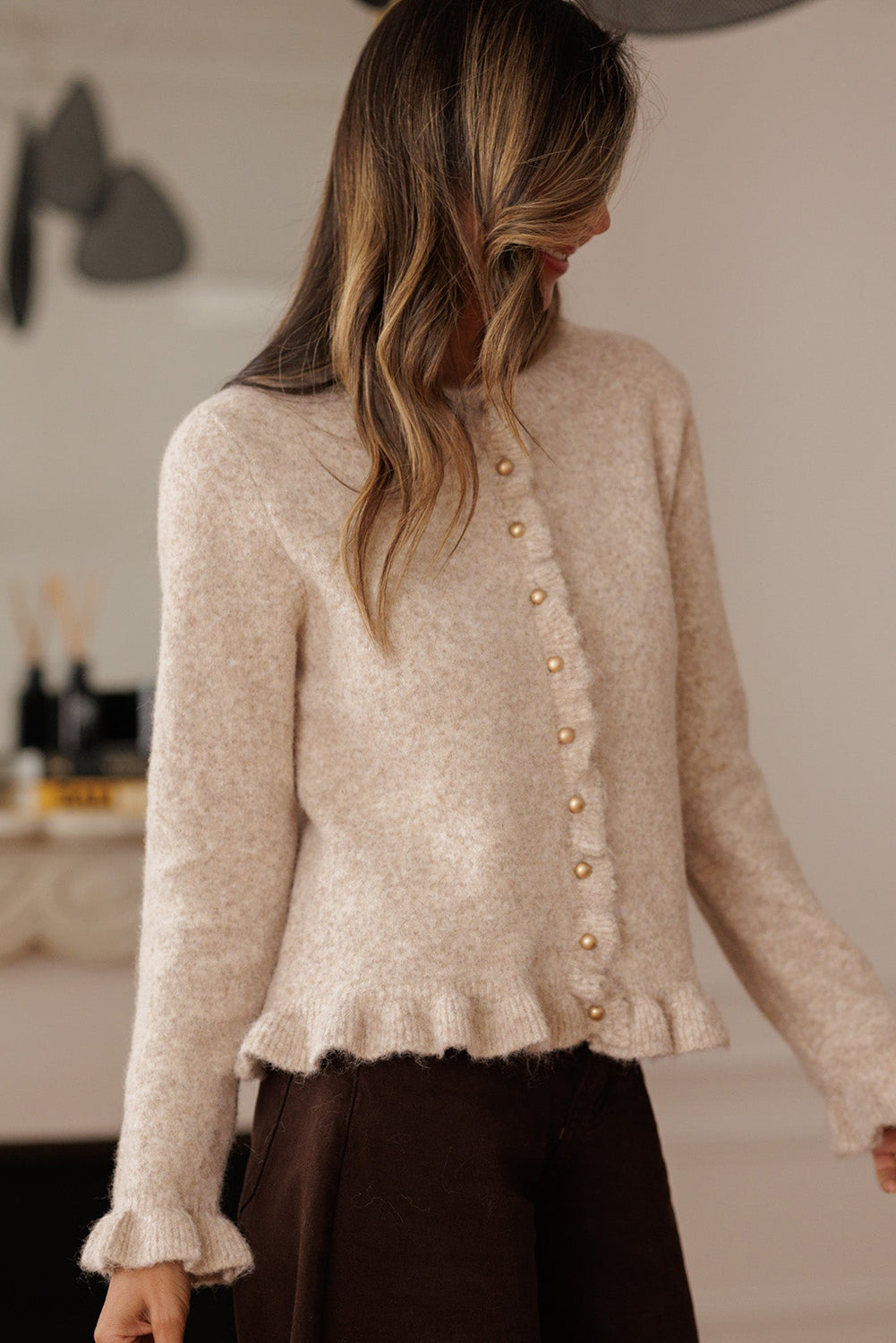 Oatmeal Ruffle Trim Gold Button Sweater Cardigan