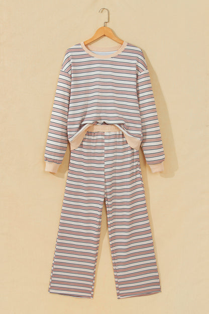 Khaki Stripe Contrast Trim Long Sleeve Top Elastic Waist Pants Set