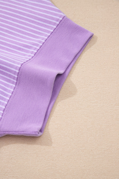 Purple Stripe Dolman Sleeve Polo Shirt and Drawstring Shorts Set