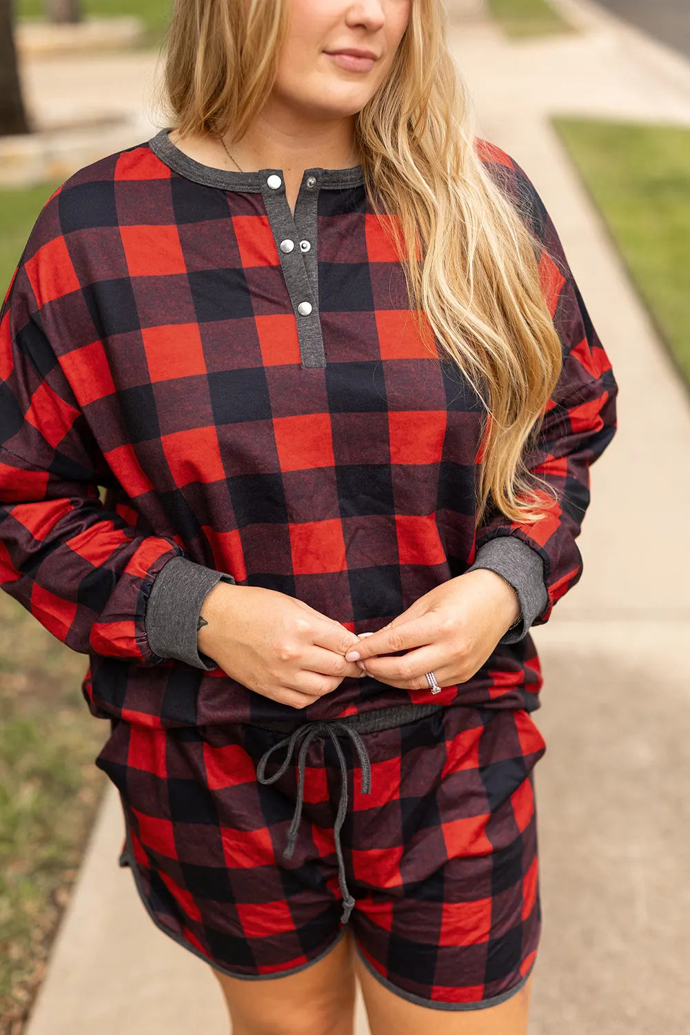 Fiery Red Christmas Buffalo Print Henley Top and Shorts Plus Size Set - Chic Meadow Boutique 