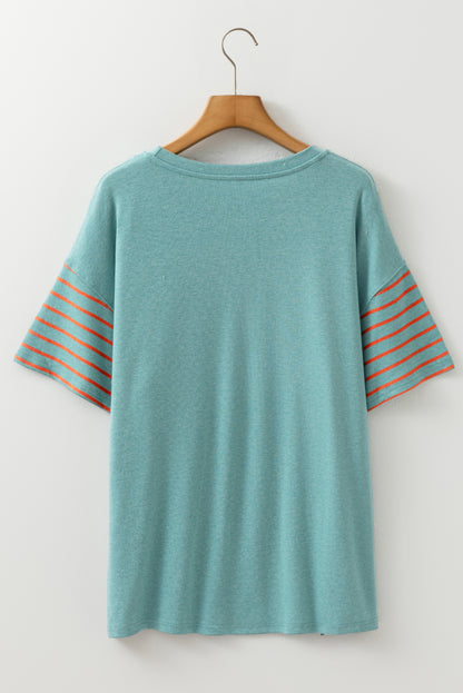 Mint Green Color Block Striped Detail Loose T Shirt