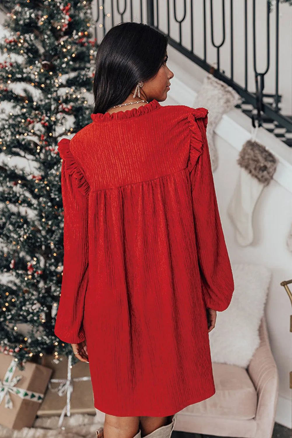 Fiery Red Textured Ruffled Trim V Neck Loose Fit Mini Dress - Chic Meadow Boutique 