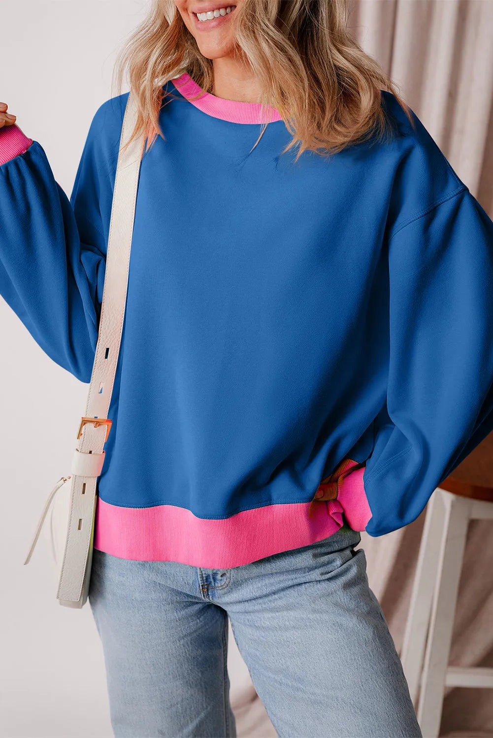 Blue Colorblock Bubble Sleeve Sweatshirt - Chic Meadow Boutique 