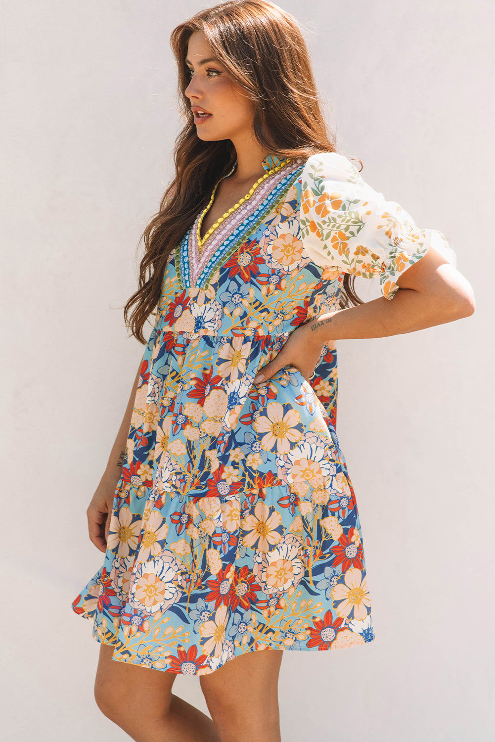 Multicolour Boho Floral Print Crochet Patchwork V Neck Loose Mini Dress