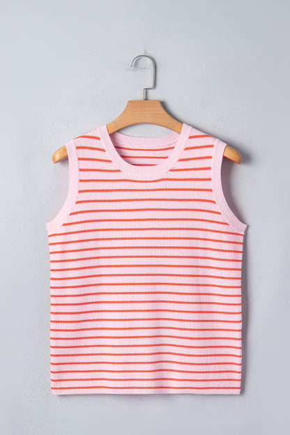Pink Stripe Textured Knit Sleeveless Casual Sweater Top