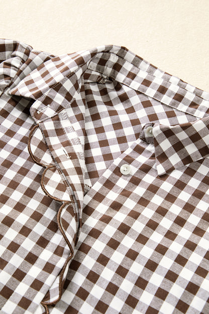 Brown Plaid Knot Half Sleeve Button Down Shirt