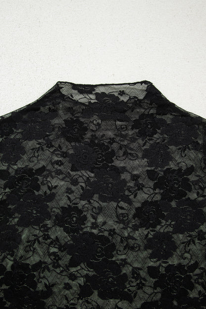 Black Sheer Floral Lace Mesh Mock Neck Long Sleeve Top