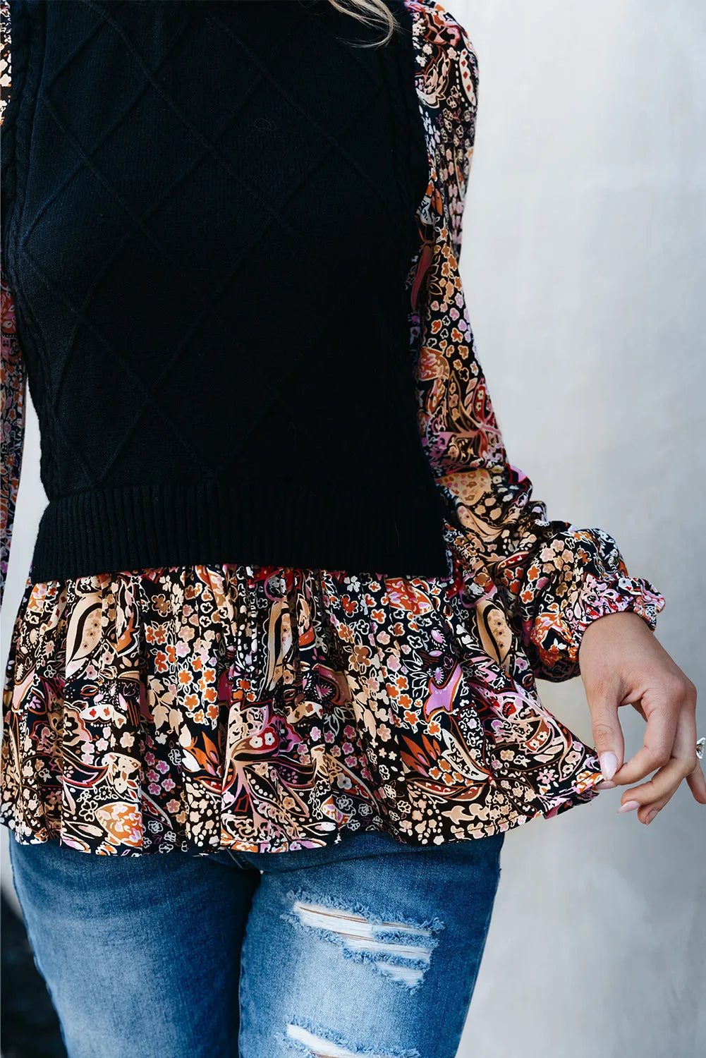 Black Contrast Floral Sleeve Peplum Sweater - Chic Meadow Boutique 