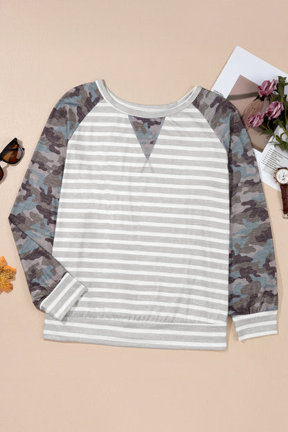 Gray Stripe Camo Sleeve Striped Colorblock Round Neck Long Sleeve Plus Size Blouse