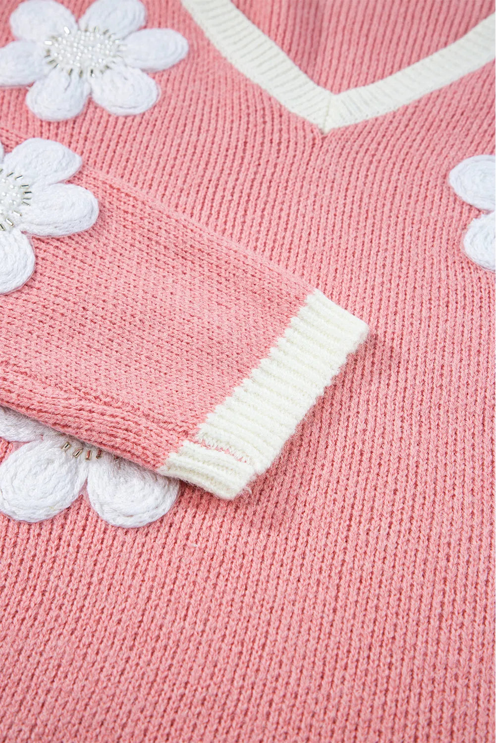 Sweaters & Cardigans/Sweaters Pink Flower V Neck Dropped Shoulder Sweater