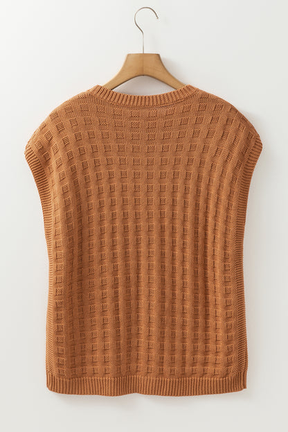 Camel Round Neck Textured Knit Sweater Vest