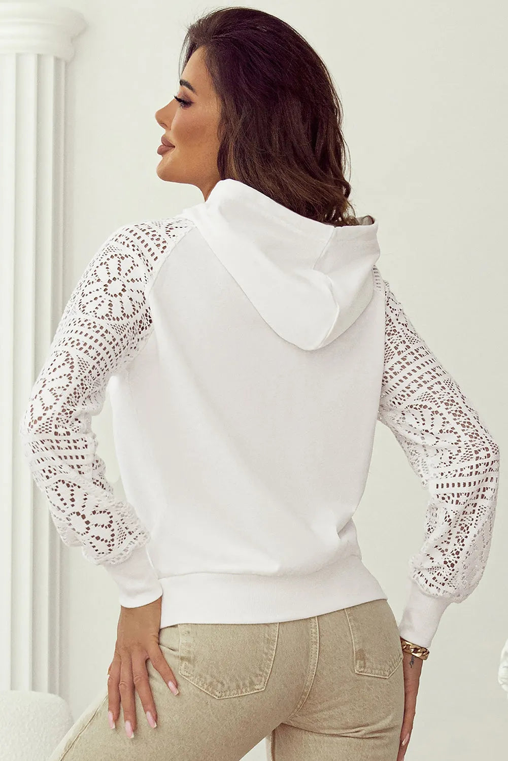 White Lace Patchwork Sleeve Drawstring Hoodie - Chic Meadow Boutique 