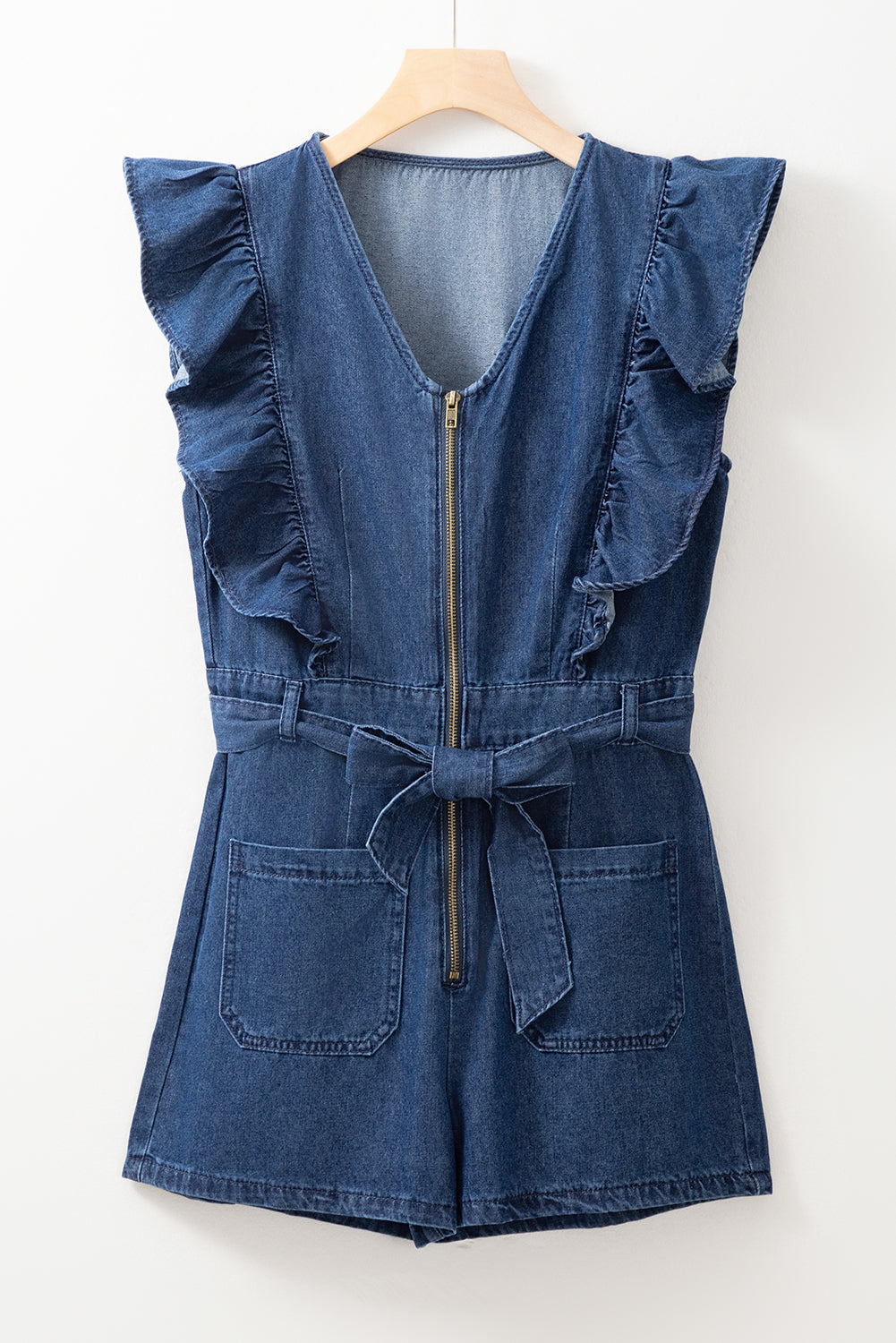 Sail Blue Denim Ruffled Zipped Front Belted Romper