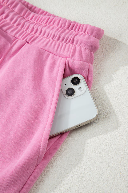 Bright Pink Polo Collar V Neck Pullover and Drawstring Sweatpants Set