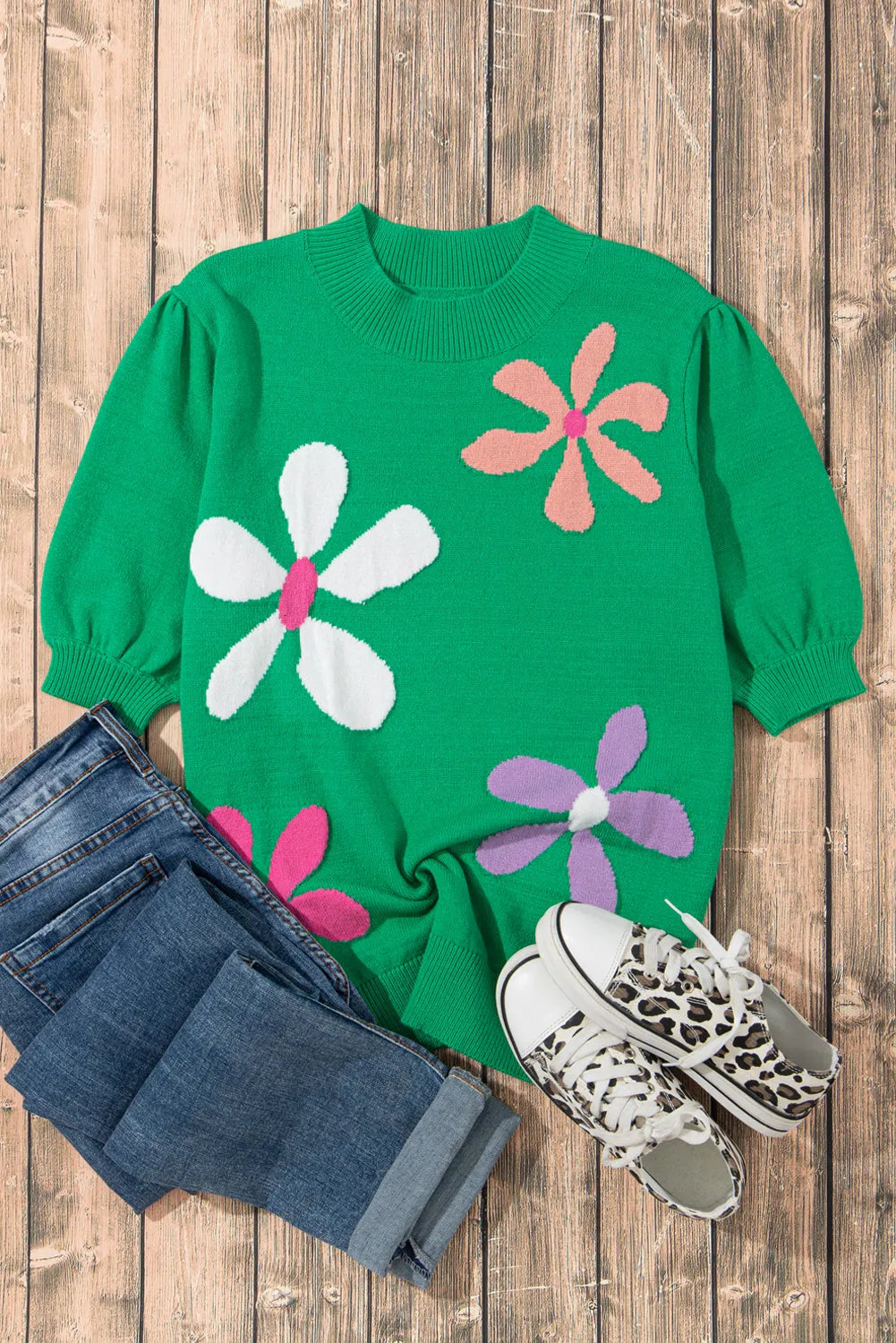 Bright Green Floral Bubble Short Sleeve Sweater - Chic Meadow Boutique 