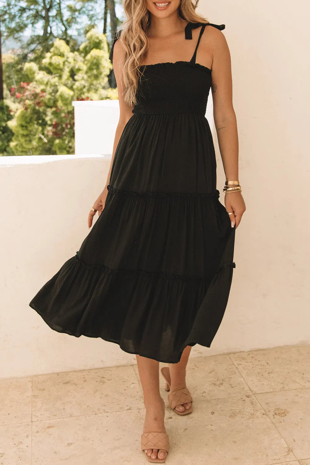 Black Tie Strap Smocked Frill Tiered Midi Dress - Chic Meadow Boutique 