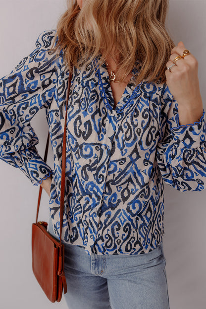 Blue Bohemian Print Embroidered V Neckline Detail Long Sleeve Shirt