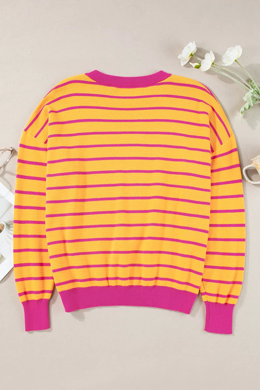 Orange Stripe Trimmed Round Neck Drop Shoulder Loose Sweater - Chic Meadow Boutique 