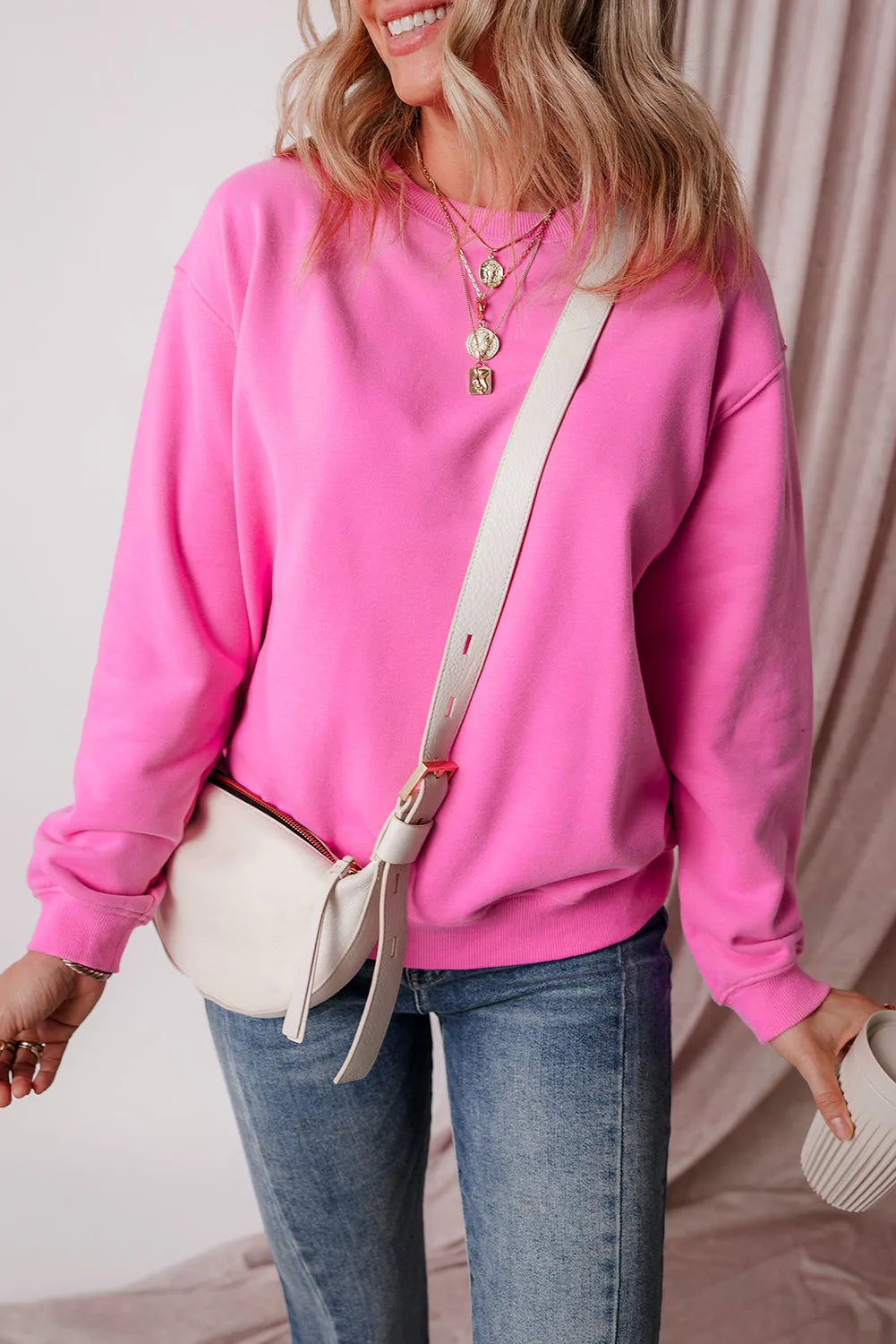 Bonbon Solid Fleece Lined Drop Shoulder Terry Sweatshirt - Chic Meadow Boutique 