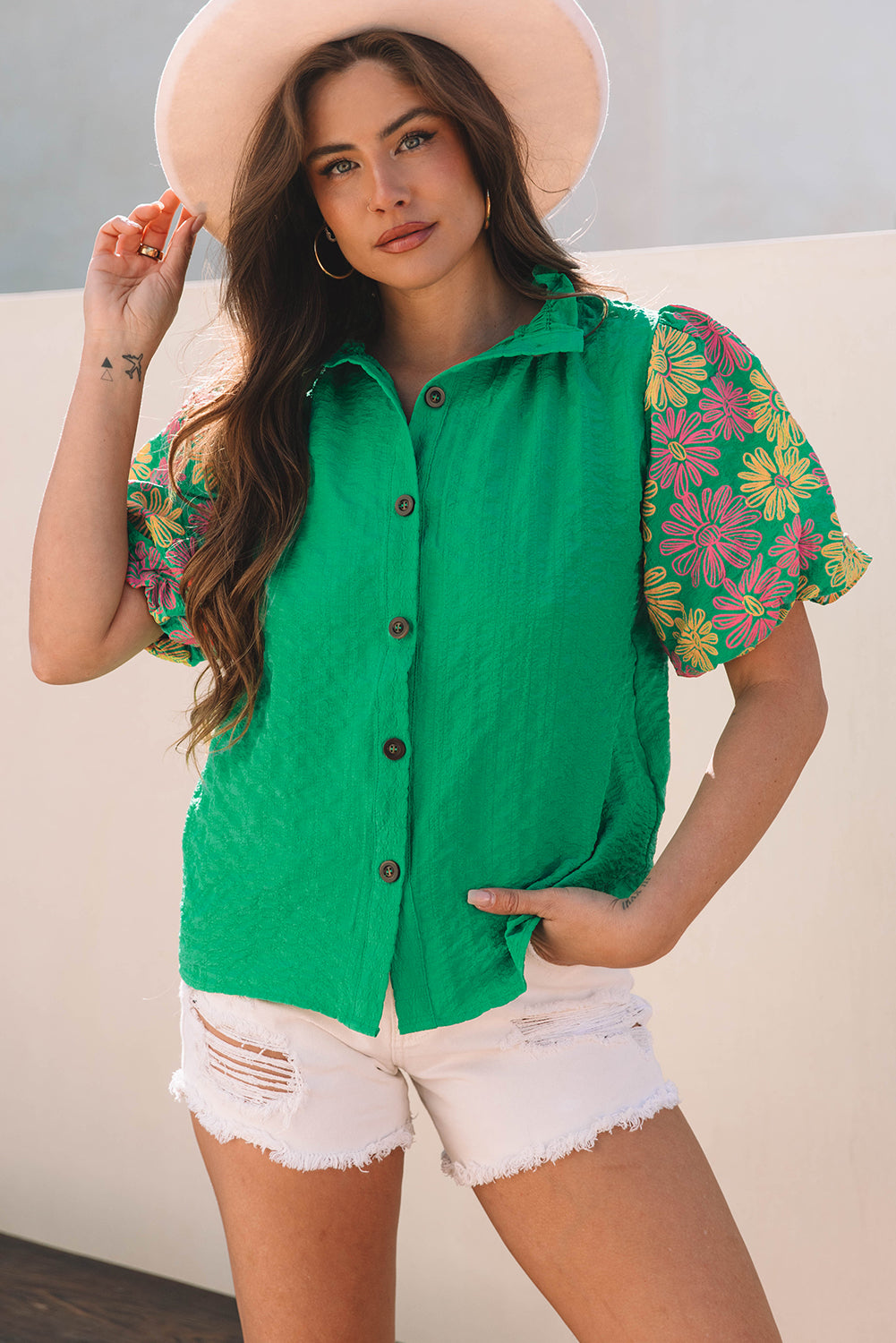 Bright Green Floral Puff Short Sleeve Ruffled Collar Button Back Top