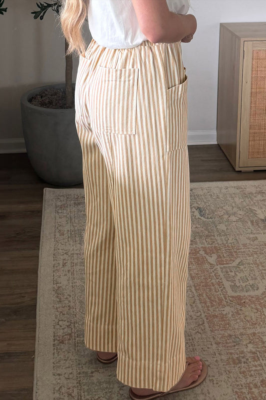 Apricot Stripe Ribbon Drawstring Waist Full-Length Shift Pant