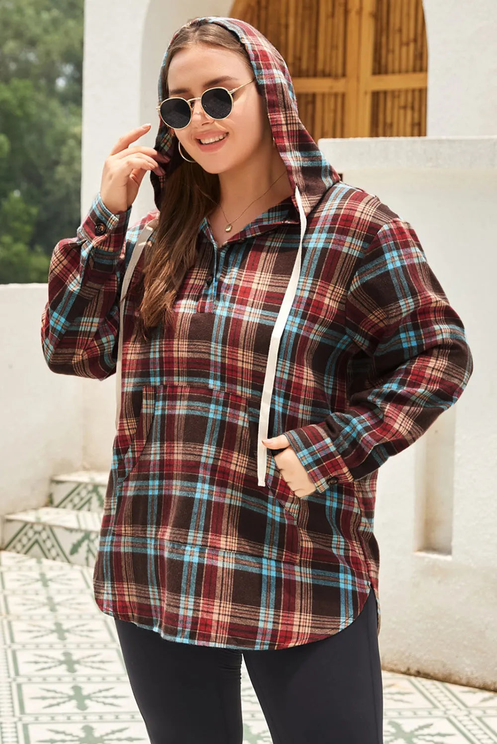 Fiery Red Plus Size Plaid Kangaroo Pocket Drawstring Hoodie - Chic Meadow Boutique 