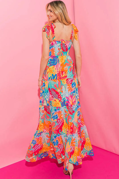 Multicolor Vibrant Tropical Print Smocked Ruffle Tiered Maxi Dress - Chic Meadow Boutique 