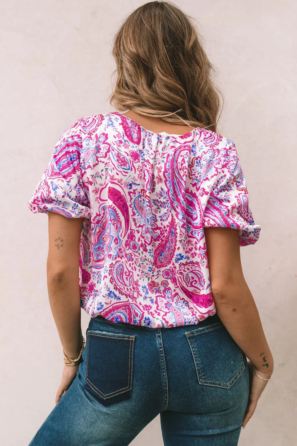 Paisley Pattern Print Puff Sleeve V Neck Blouse - Chic Meadow Boutique 