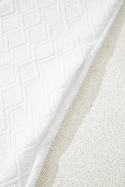 White Textured Jacquard Colorblock Edge Puff Sleeve Quarter Zip Mini Dress