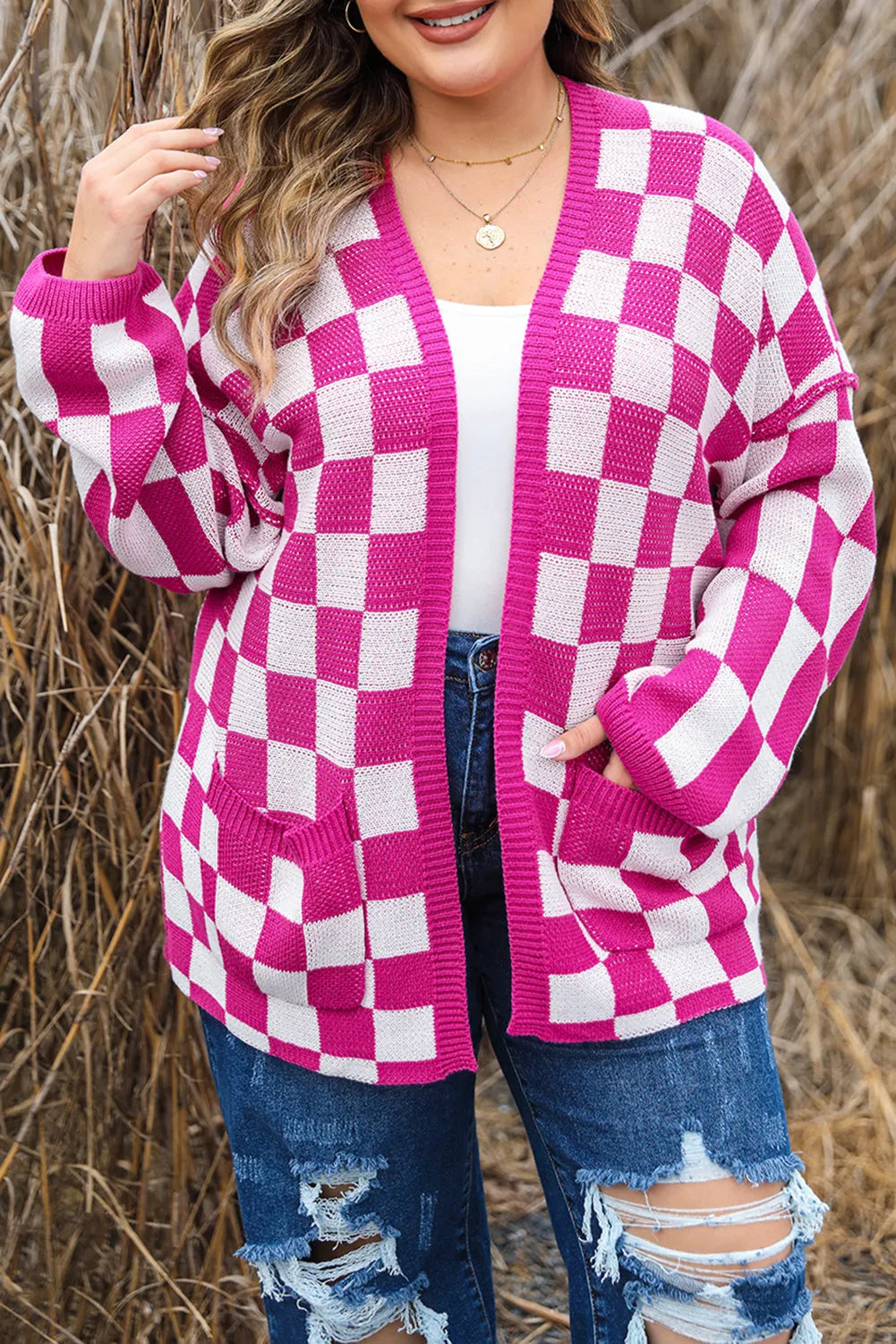 Bonbon Checkered Pattern Open Front Plus Size Cardigan - Chic Meadow Boutique 