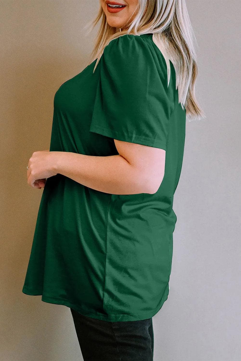 Plus Size/Plus Size Tops/Plus Size Tops & Tees Green Plus Size Square Neck Ruched Shoulder Short Sleeve Top